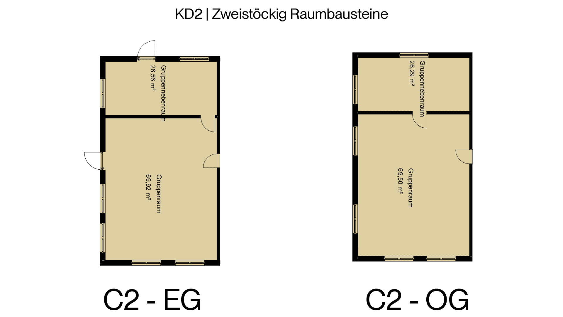 Grundriss des zweistöckigen Kita-Raumbausteins C2 mit großem Gruppenraum in EG und OG, Haas KITA-Modular