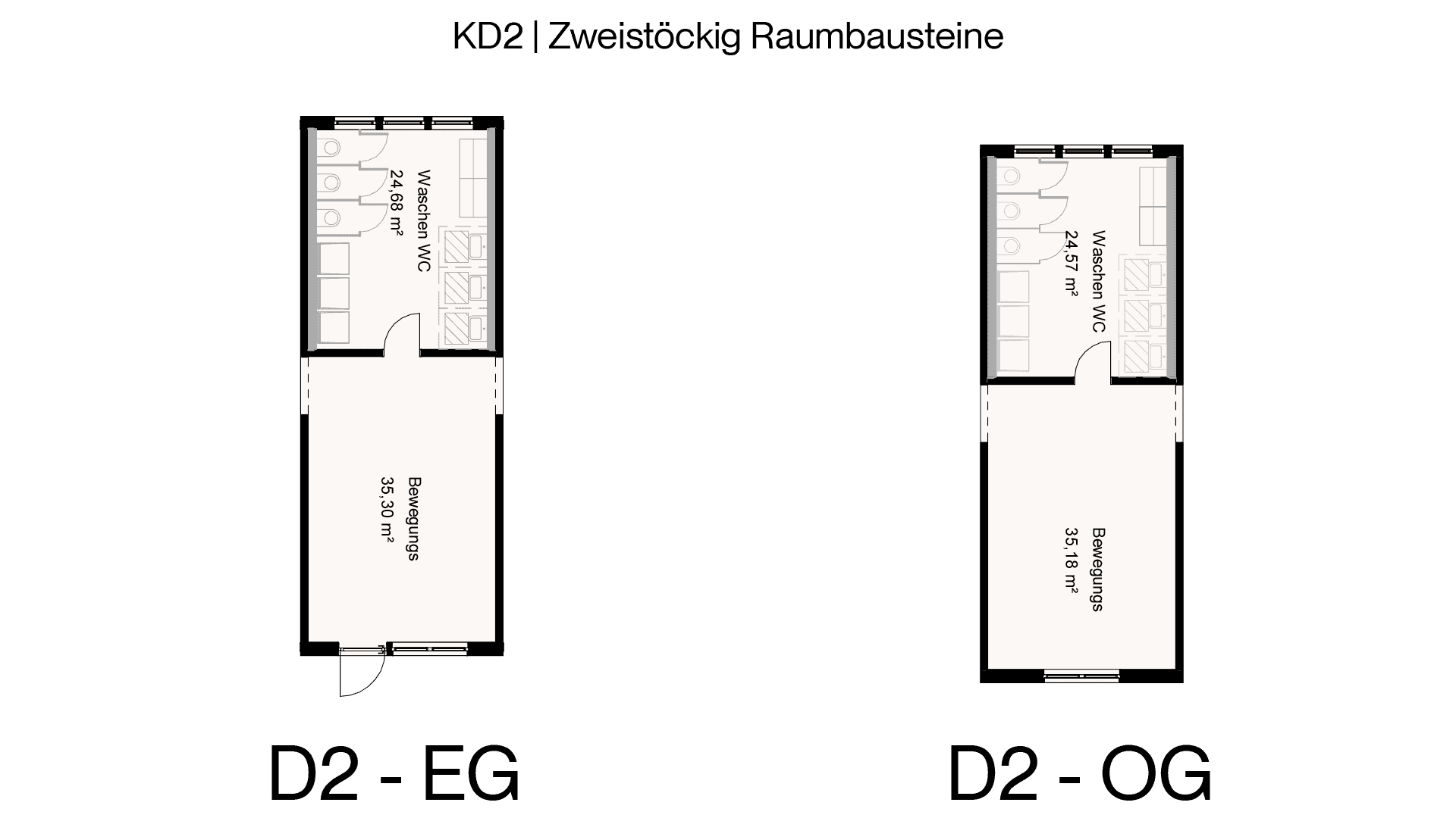 Grundriss des zweistöckigen Kita-Raumbausteins D2 mit Waschraum und Bewegungsraum, Haas KITA-Modular