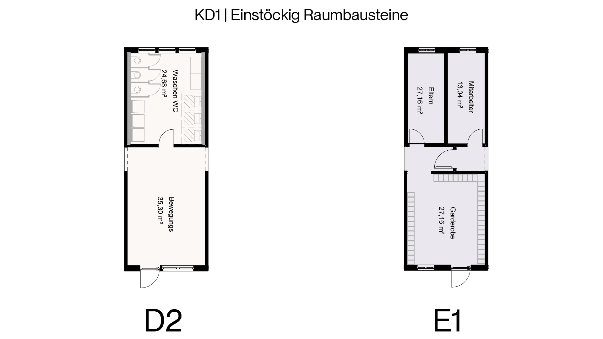 Grundriss der einstöckigen Kita-Raumbausteine D2 und E1 mit Bewegungsraum und Küche, Haas EduFlex