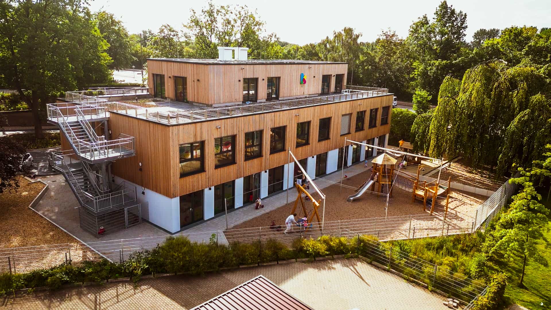 Luftaufnahme der Kita von Klüver & Kompanie in Hamburg mit Außentreppe und Spielplatz