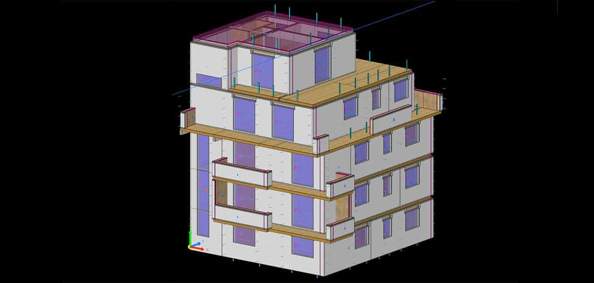 3D-Konstruktionsmodell des fünfgeschossigen Hausbausatzes Alca in Modena mit Außen- und Innenwänden und Xlam-Decken