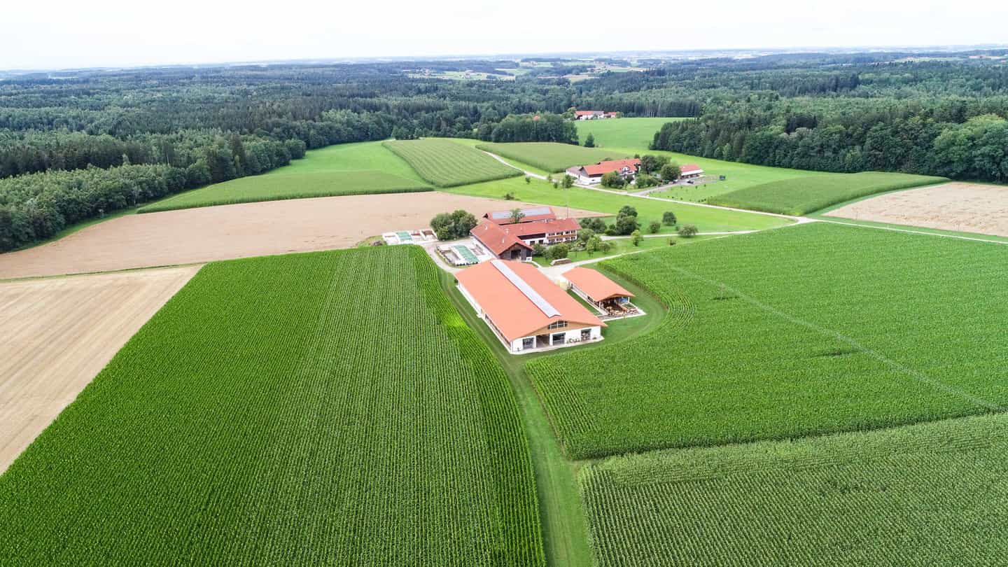 Weite Luftaufnahme der Hofstelle mit Milchviehstall in Isen in hügeliger Landschaft