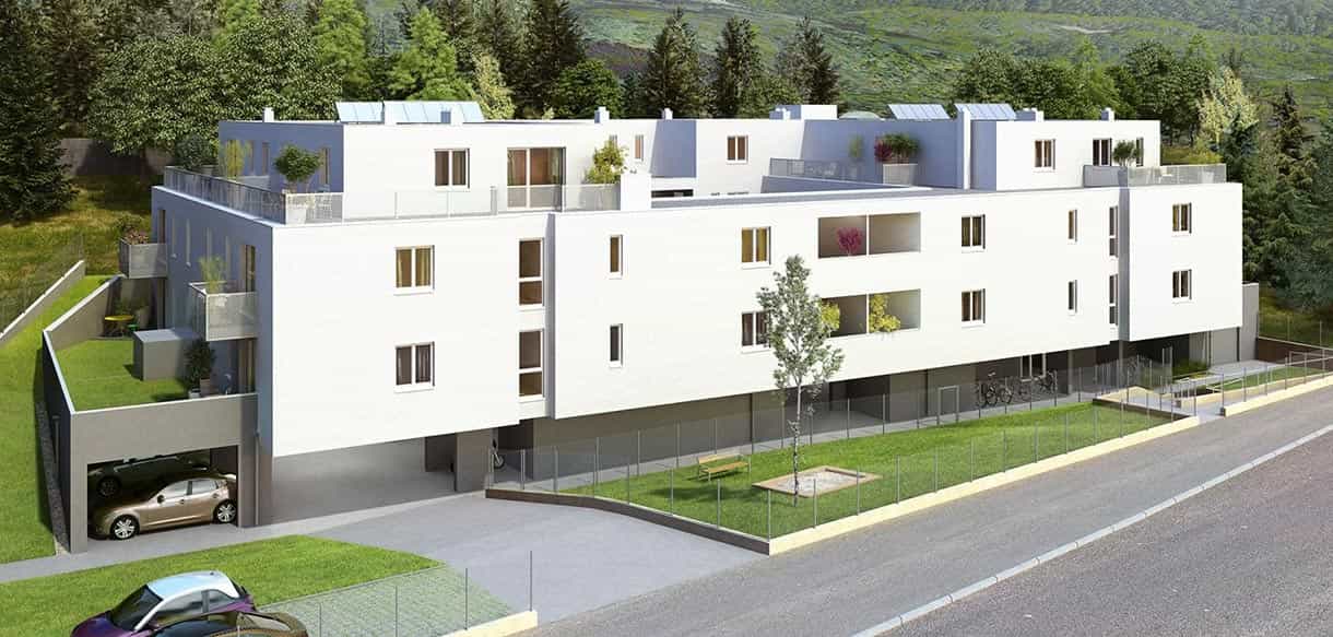 Visualisierung der dreigeschossigen Wohnanlage mit 20 Wohneinheiten in Purkersdorf von der Straße aus