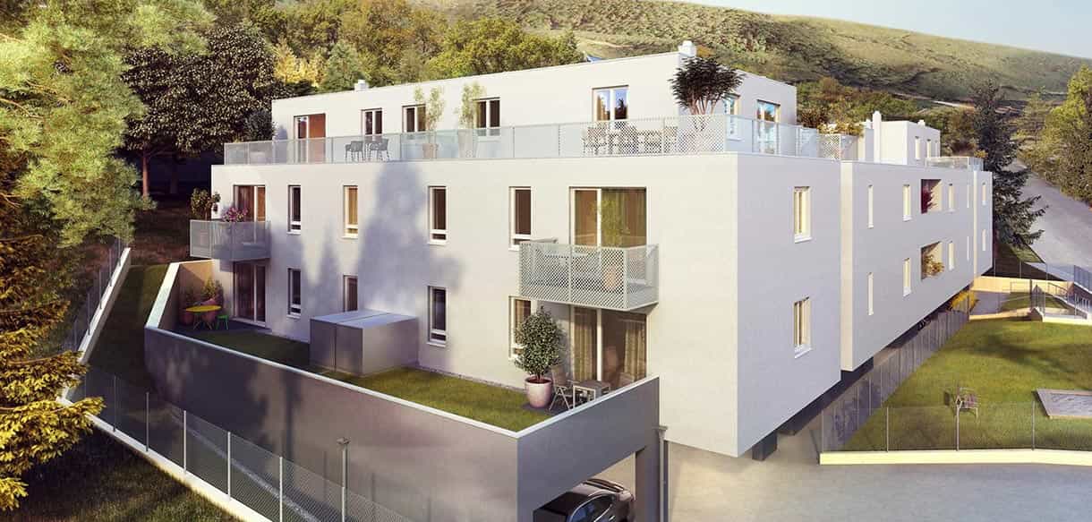 Visualisierung der Wohnanlage Purkersdorf mit Balkonen, Dachterrassen und Garten von der Gartenseite