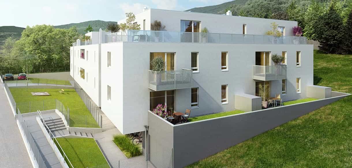 Visualisierung der weißen Wohnanlage mit 20 Wohneinheiten in Purkersdorf mit Terrassen und Grünflächen