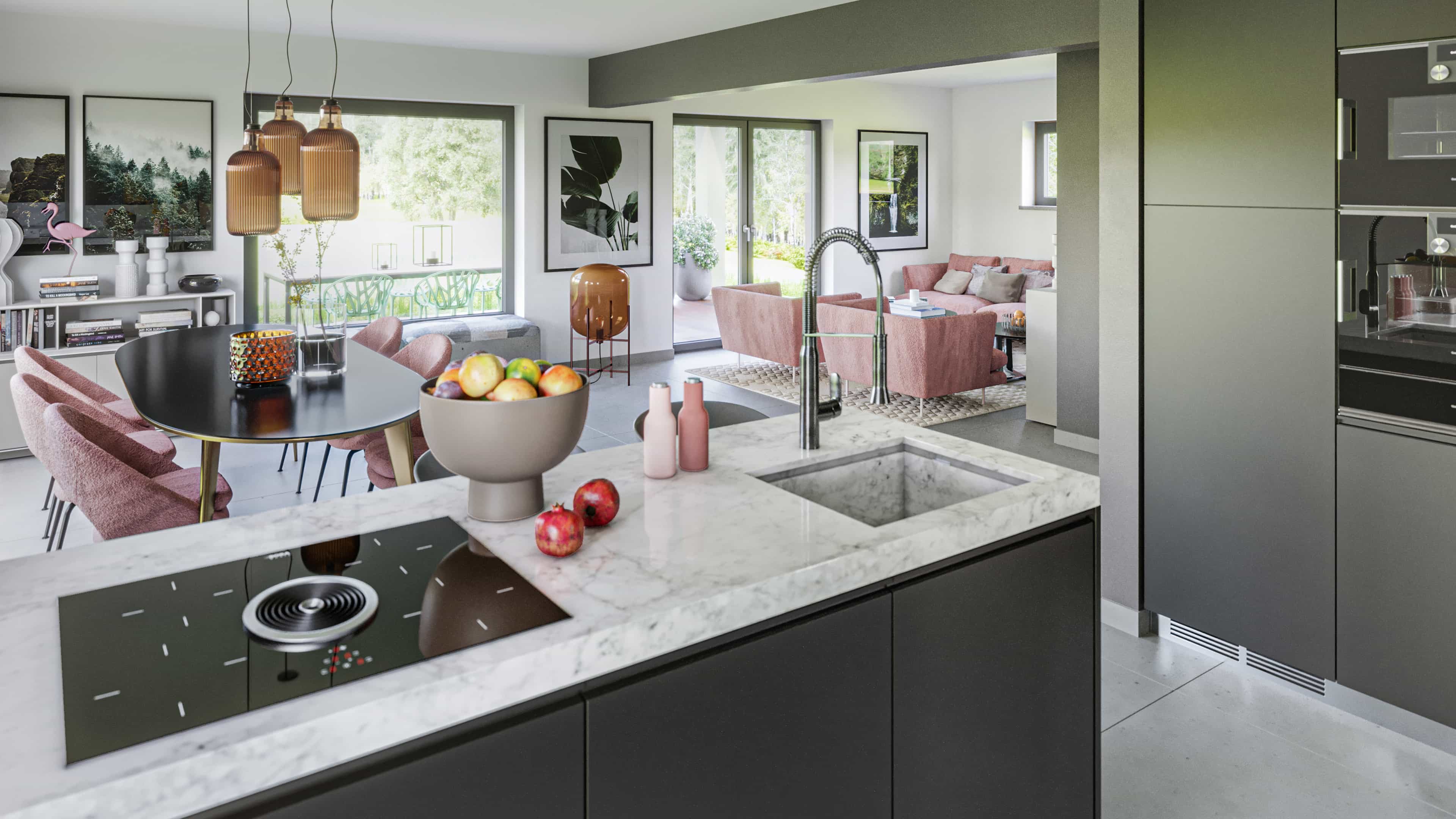 Moderne offene Küche mit Marmortheke, integriertem Kochfeld und Obstschale; im Hintergrund stilvoll eingerichtetes Wohnzimmer.