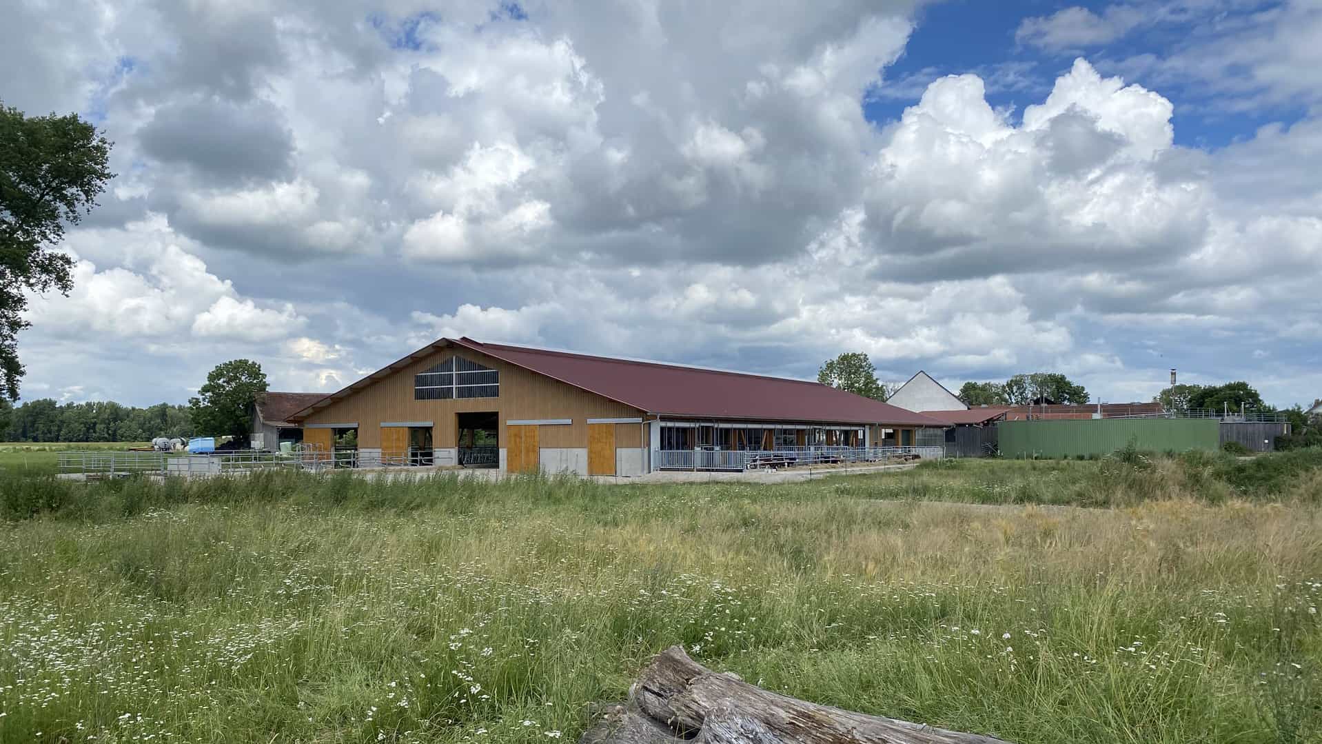 Außenansicht des Milchviehstalls in Marzling mit rotem Dach von der Wiese aus gesehen