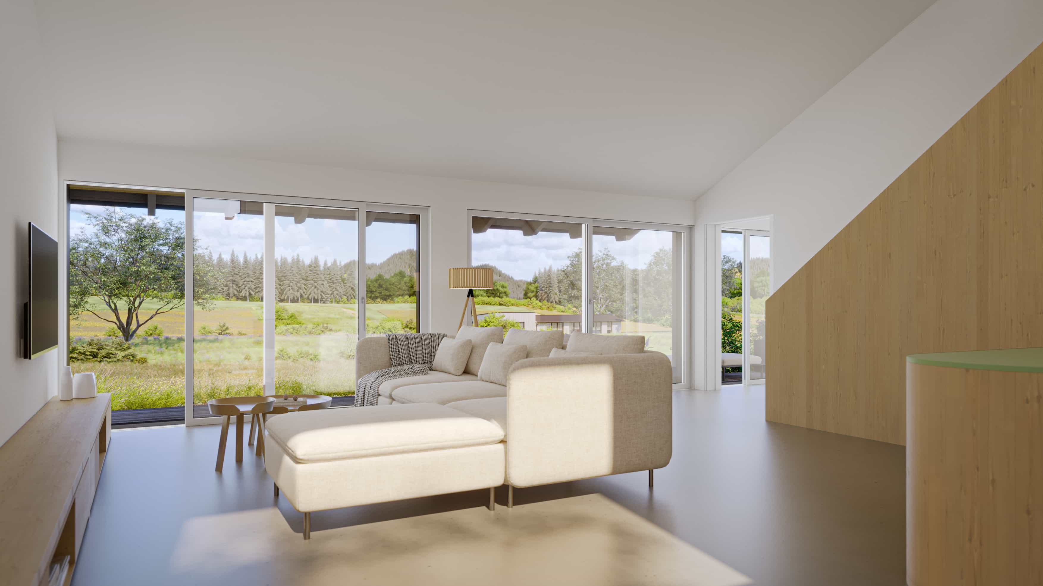 Der Wohnbereich mit großem Panoramafenster des "The Landscape House" von Sigurd Larsen x Haas