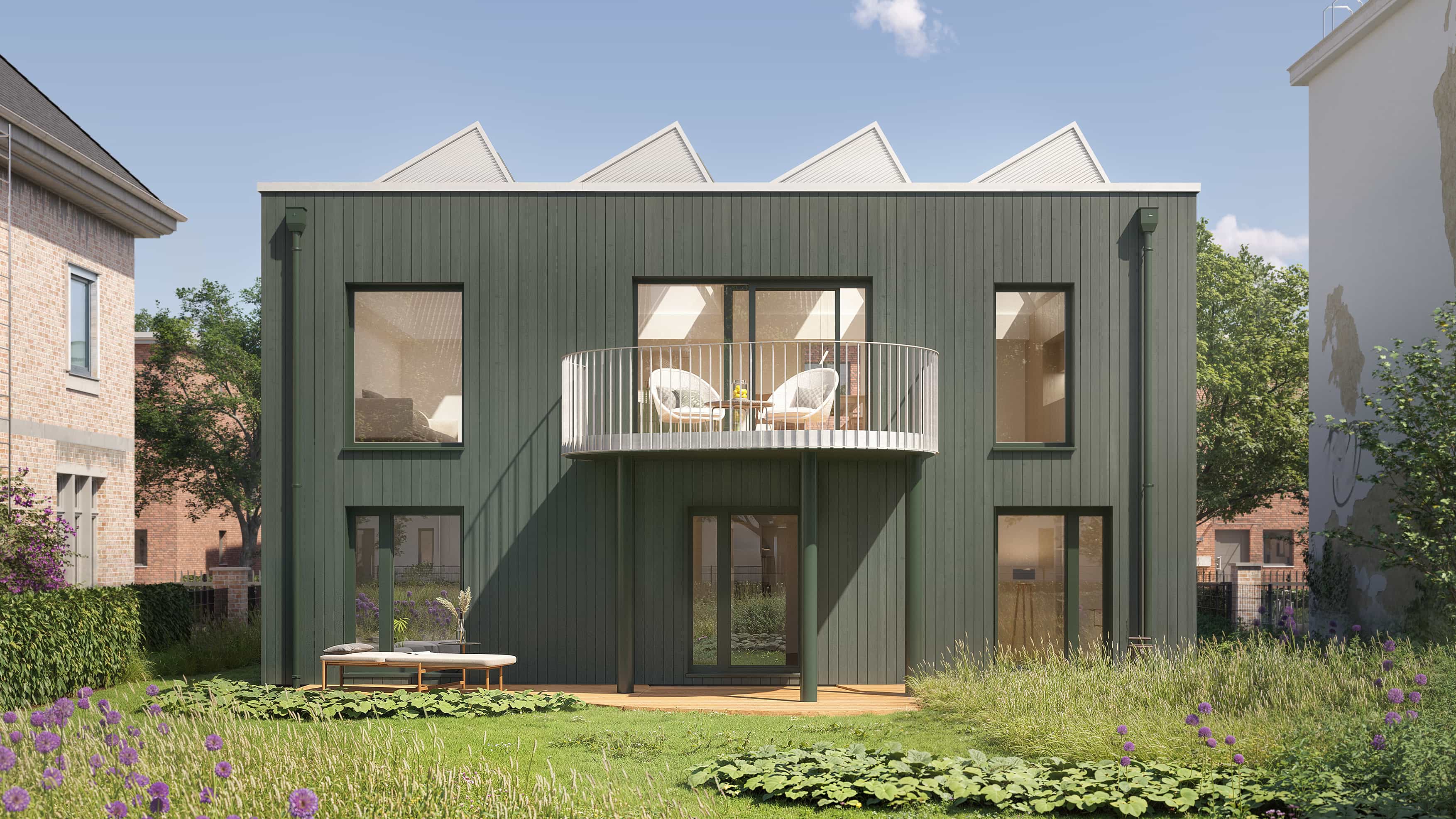 Außenansicht von "The Urban House" mit Sheddach und Balkon von Sigurd Larsen & Haas Fertigbau