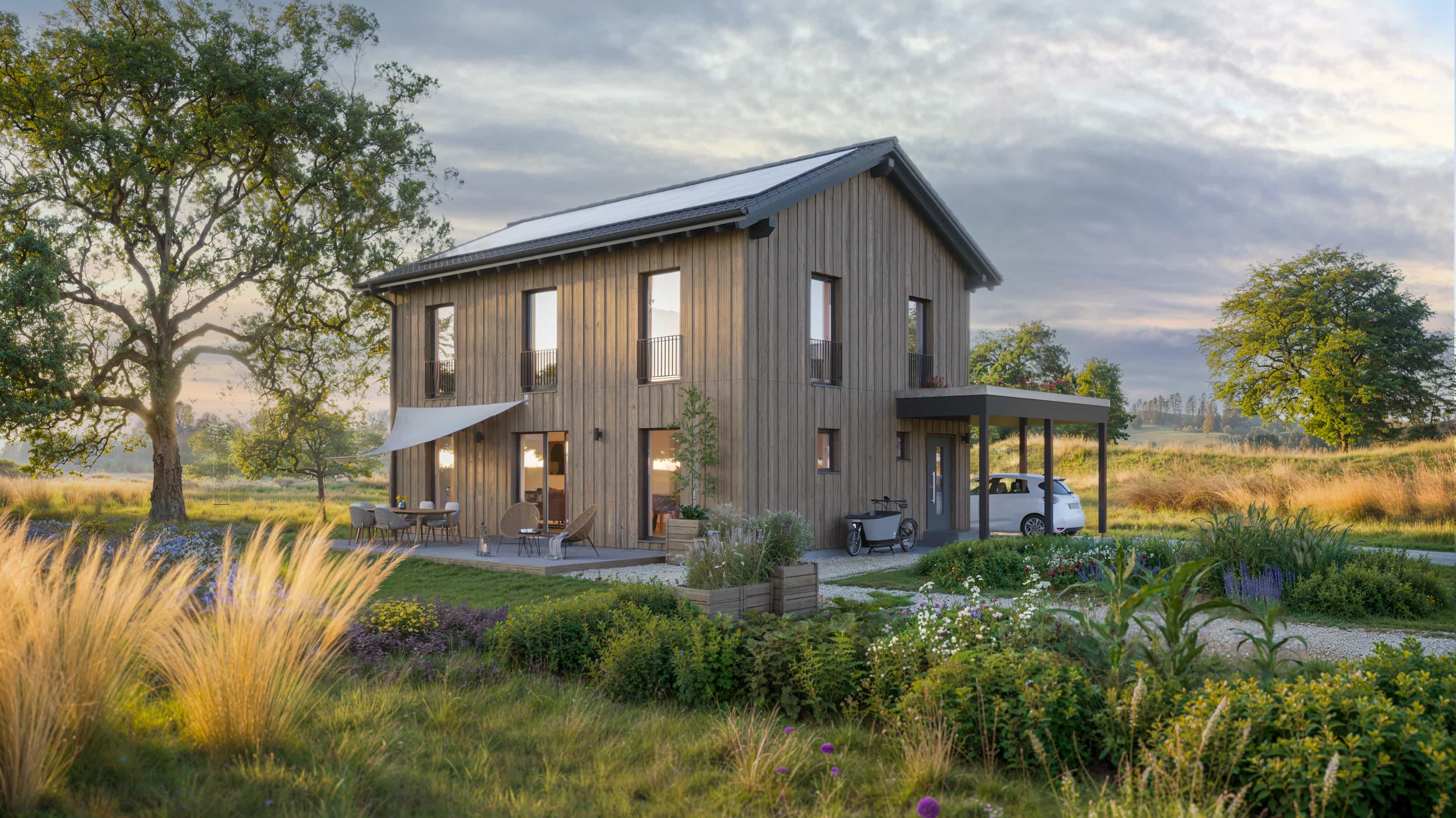 Modernes zweistöckiges Holzhaus mit Garten in ländlicher Umgebung bei Sonnenuntergang.