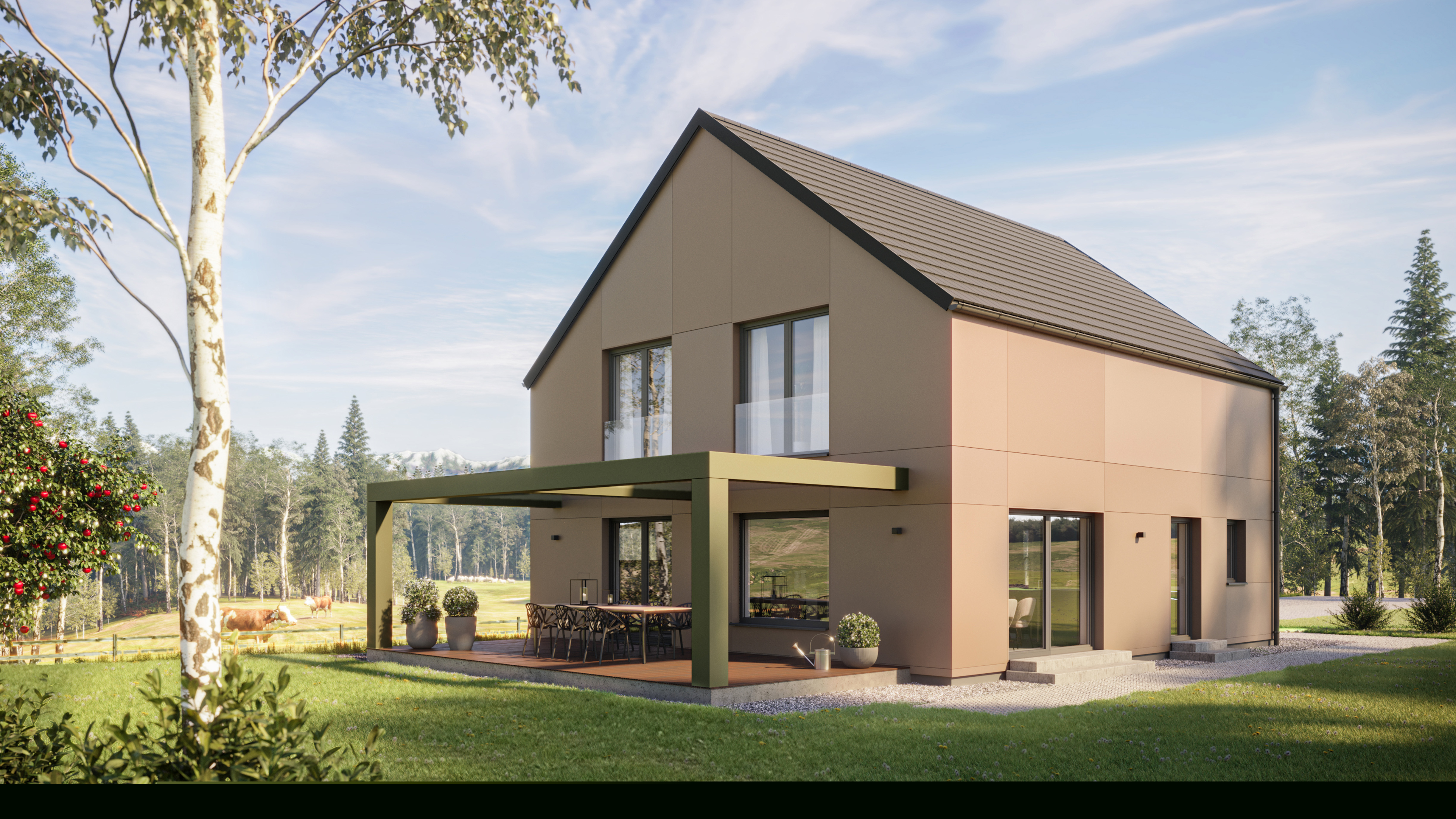 Modernes Einfamilienhaus mit Terrasse, umgeben von Bäumen und grüner Landschaft unter blauem Himmel.