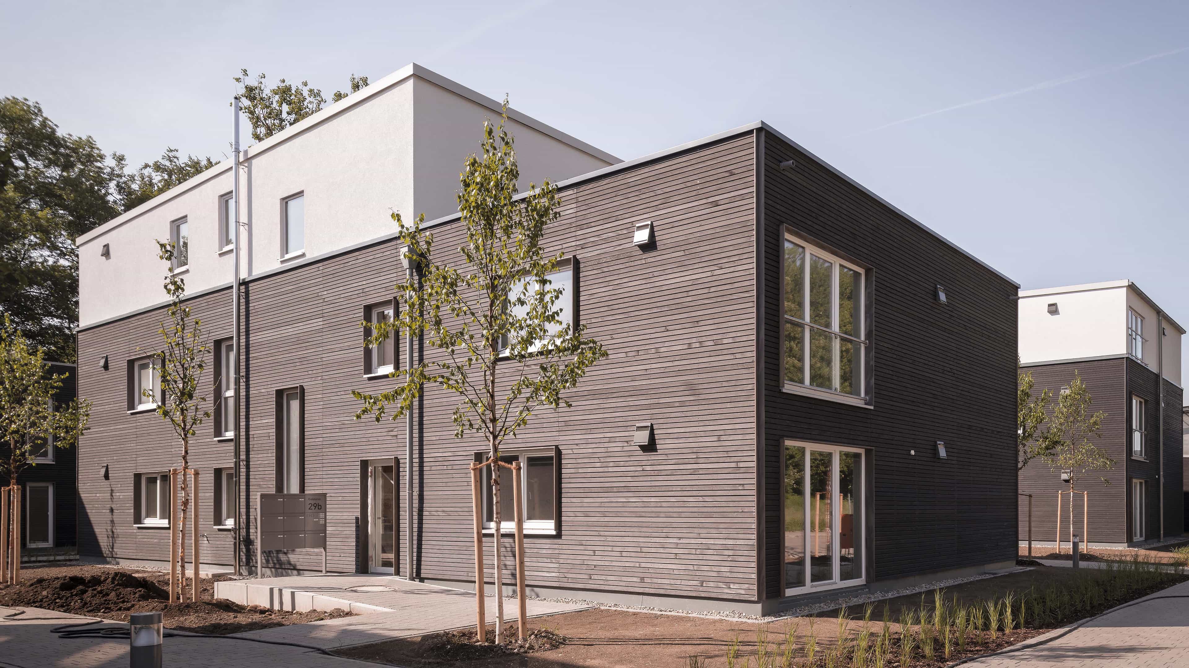 Zweigeschossiges Mehrfamilienhaus mit dunkler Holzfassade und Flachdach als Gebäudetyp im Haas Wohnbau
