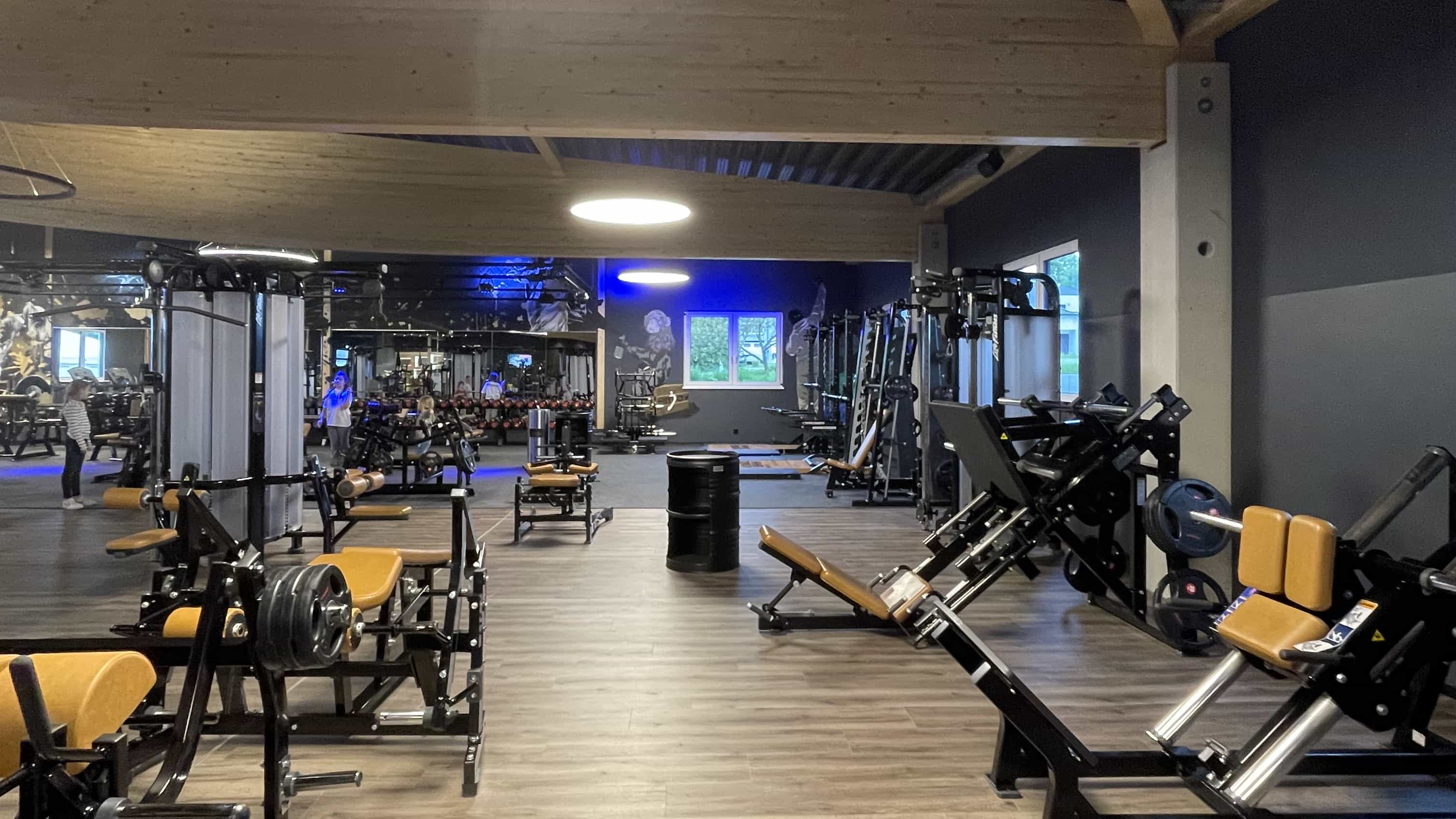 Gerätebereich mit Kraftmaschinen unter der Holzbalkendecke im Fitnesscenter Enjoy Fitness